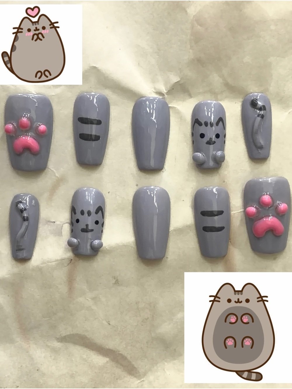 Grey Cat Paw & Face Press-On Nails with Pink Accents